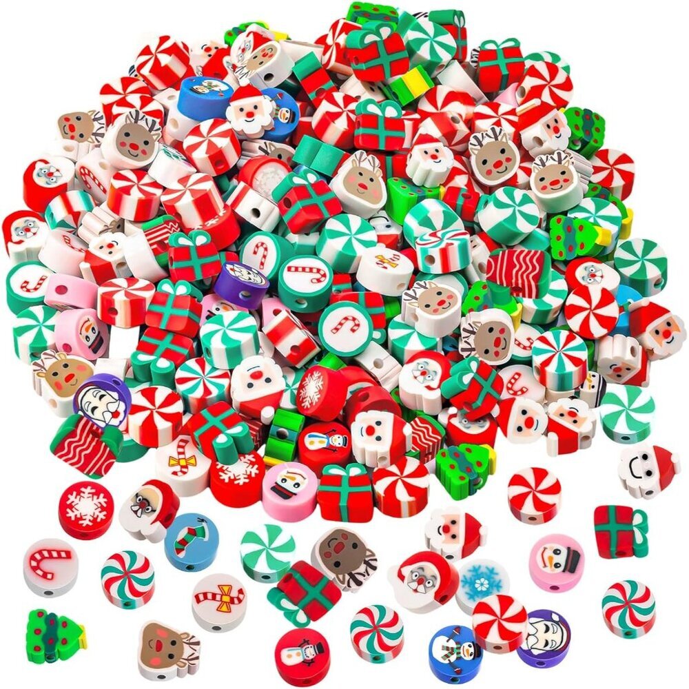 200 Round Christmas Polymer Clay Beads - Perfect for DIY Bracelet & Earrings